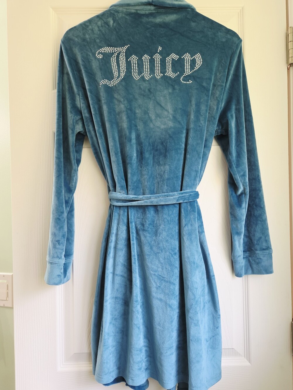Juicy Couture Velour Robe Rhinestone Bling Logo Blue Teal S/M, Plush, Cozy